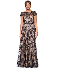 Xscape Petite Short-Sleeve Boat-Neck Embellished-Overlay Gown