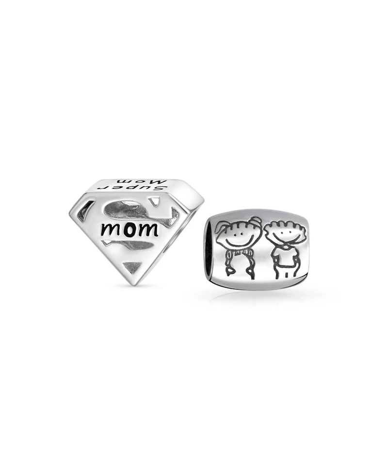 Bling Jewelry Set of 2 Mother's Day Super Mom and Bff Friendship Charm Bead Sterling Silver