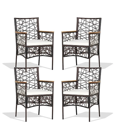 4pcs Pe Wicker Patio Bistro Chairs Acacia Wood Armrests w/ Cushions Outdoor