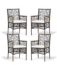 4pcs Pe Wicker Patio Bistro Chairs Acacia Wood Armrests w/ Cushions Outdoor