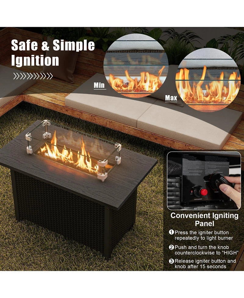 50000 Btu ropane Gas Fire Pit Table with Wind Guard and Glass Rocks