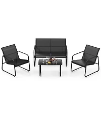 Gymax 4 Pcs Furniture Set Tempered Glass Coffee Table Chair Outdoor Patio Loveseat