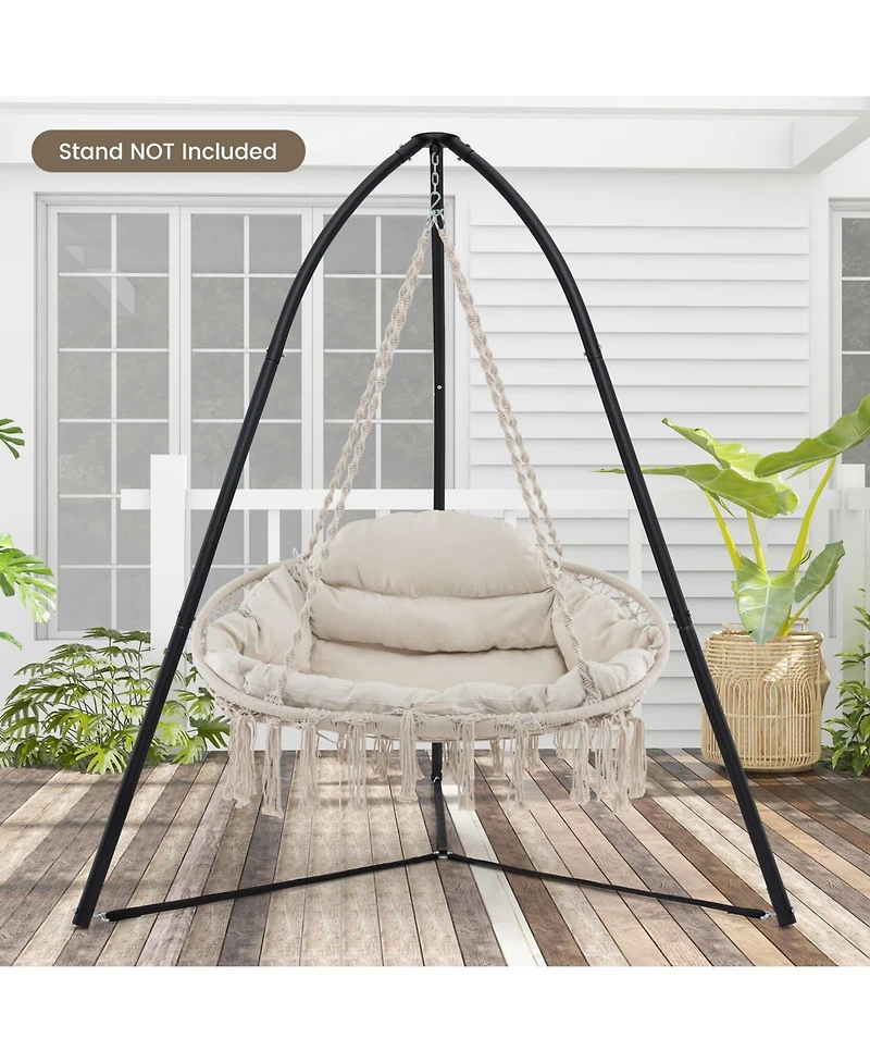 Hand-Woven Rope Hanging Chair with Thick Cushion and Folding Metal Frame