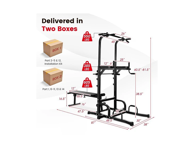 Power Tower Pull Up Bar Stand with Adjustable Heights and Bench