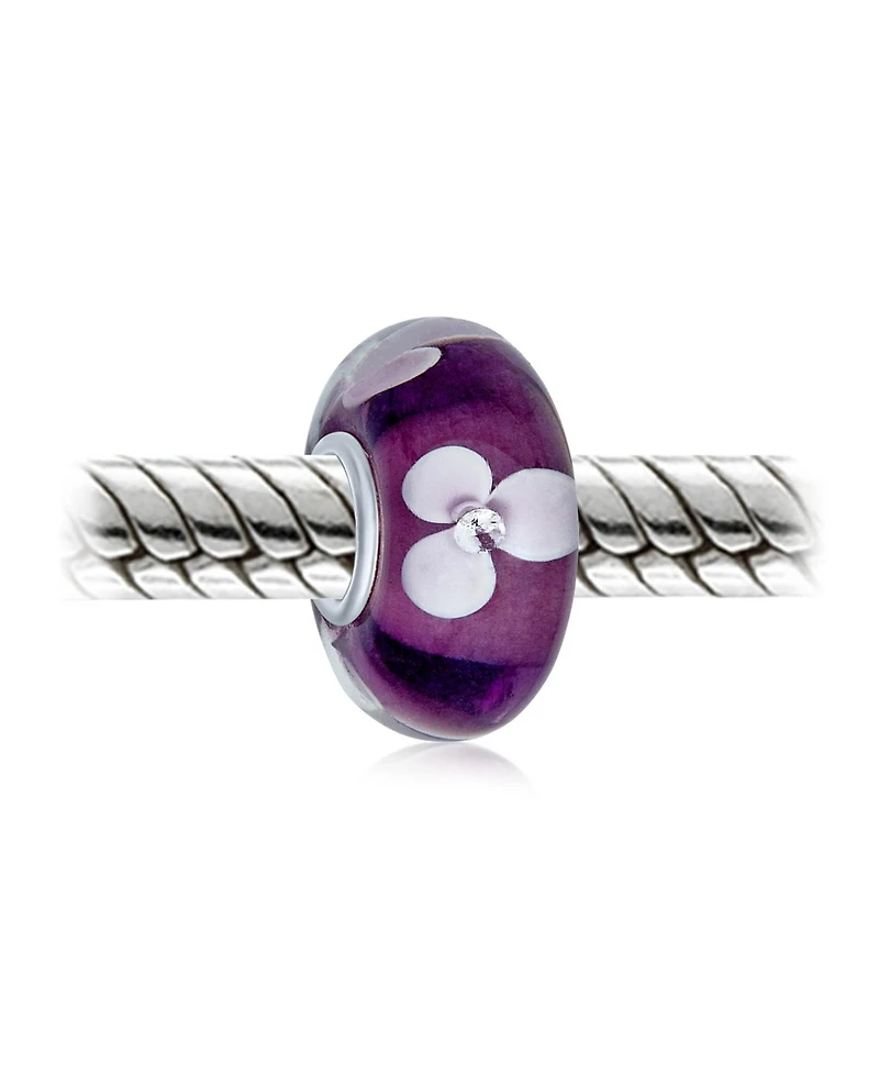 Bling Jewelry Set of 4 White Purple Flower Murano Glass Spacer Charm Bead Sterling Silver Core