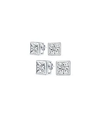 Bling Jewelry Set of 2 Square Black Clear Cubic Zirconia Stud Earrings Silver 5MM & 6MM