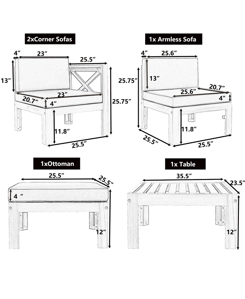 Mondawe Outdoor Wood 5-Piece Sectional Sofa Seating Group Set with Cushions