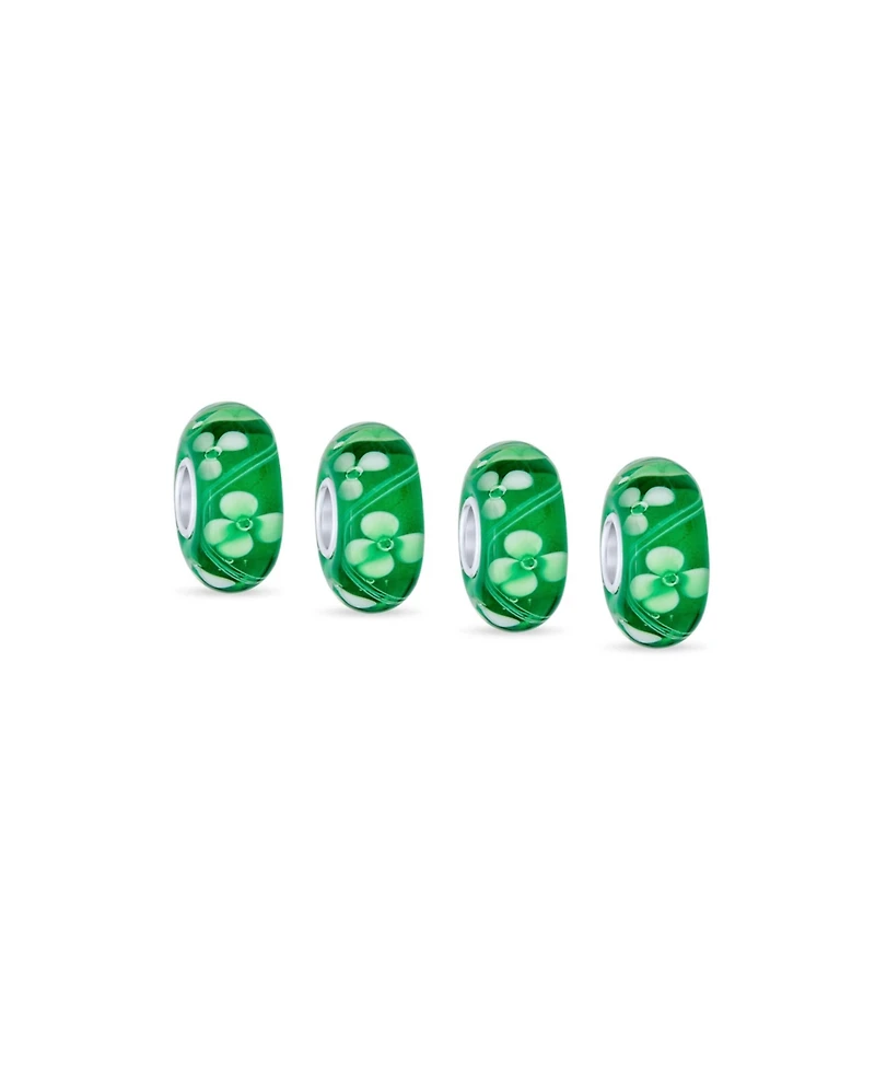 Bling Jewelry Set of 4 Green Floral Hibiscus Glass Charm Bead Silver for European Bracelet