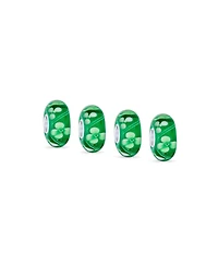 Bling Jewelry Set of 4 Green Floral Hibiscus Glass Charm Bead Silver for European Bracelet