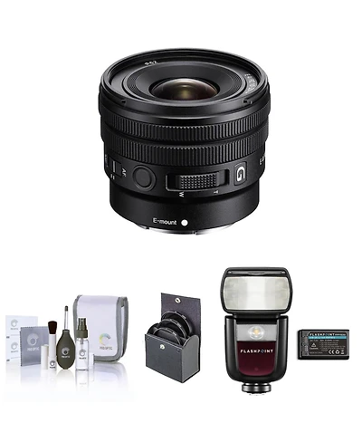 Sony E 10-20mm f/4 Pz G Lens for Sony E, Bundle with Flashpoint Zoom Li-on Iii R2 Ttl Speedlight Flash, 62mm Filter Kit, Cleaning Kit