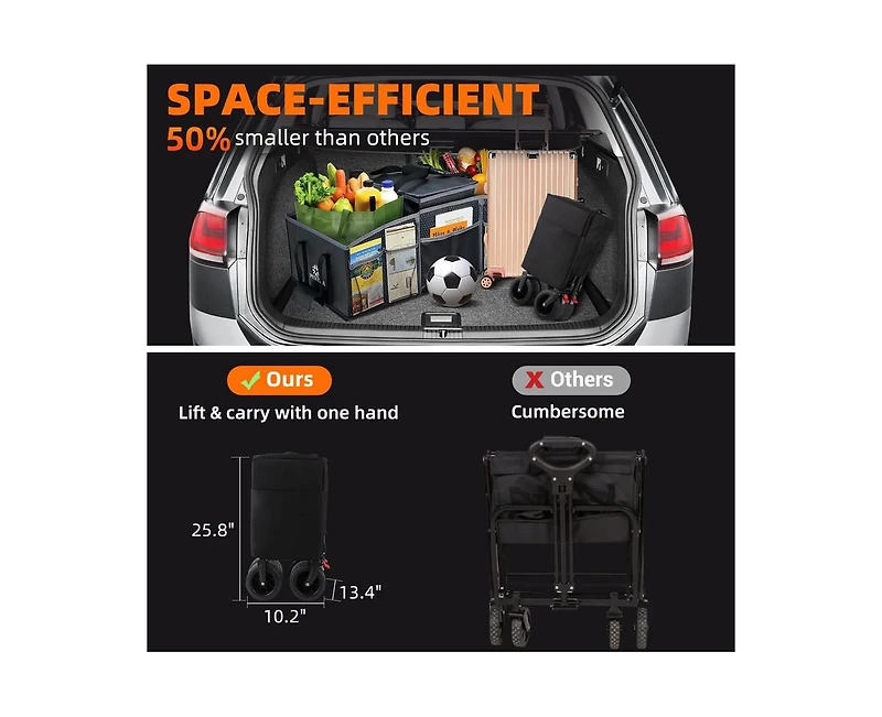 260L Collapsible Foldable Wagon with 440lbs Weight Capacity, Folding Utility Garden Cart with Table Top, Cup Pockets, and Brakes, Utility Grocery Wago