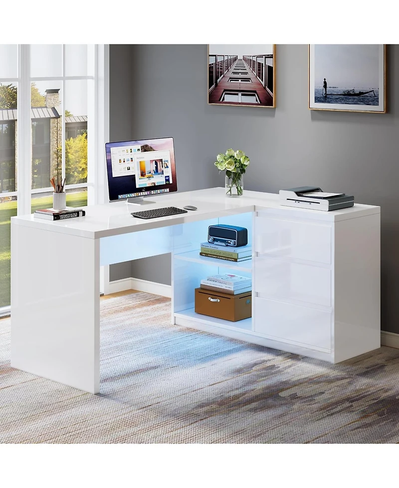 Tribesigns L-Shaped Executive Office Desk, Computer Desk with 3 Drawers, Modern Corner Home Office Executive Desk with Led Lights and 2 Storage Shelve