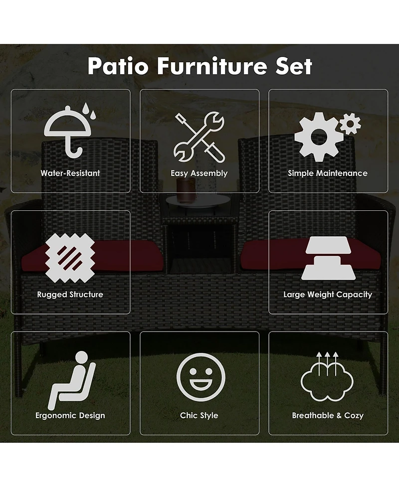 Patio Rattan Loveseat Sofa Cushioned Coffee Table
