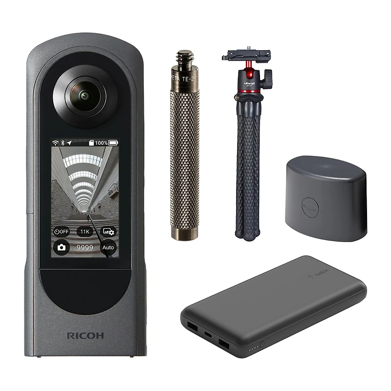 Ricoh Theta X 360 Degree 2.25" Touchscreen Spherical Camera, Bundle with Te-2 Extension Adapter, Mt-11 Tripod and 20000mAh Power Bank