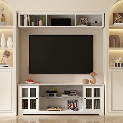 White Tv stand with top cabinets, entertainment center with tempered glass doors, wooden media console