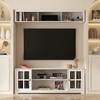 White Tv stand with top cabinets, entertainment center with tempered glass doors, wooden media console