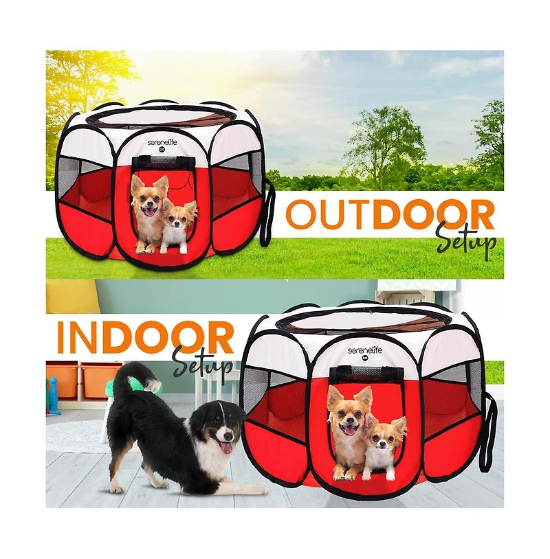 SereneLife Medium Portable & Foldable Pet Tent with Travel Bowl, Red