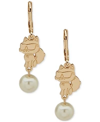 Karl Lagerfeld Paris Gold-Tone Choupette & Imitation Pearl Double Drop Earrings