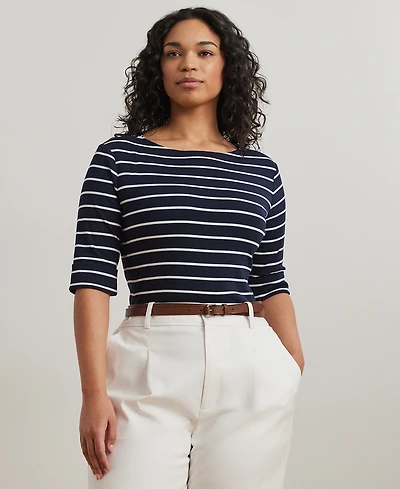 Lauren Ralph Plus Striped Cotton Boatneck T-Shirt
