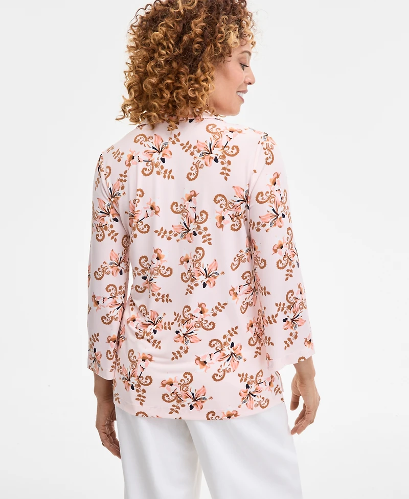 Jm Collection Petite Floral-Print Johnny-Collar Tunic, Exclusively at Macy's