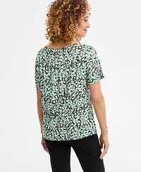 Jm Collection Women's Printed Pleat Neck Short-Sleeve Top, Exclusively at Macy's