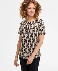 Jm Collection Petite Printed Shirred-Neck T-Shirt, Exclusively at Macy's