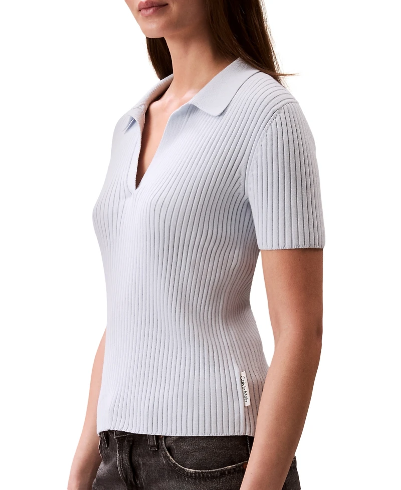 Calvin Klein Jeans Women's Cotton Ribbed Monogram-Logo Polo Top