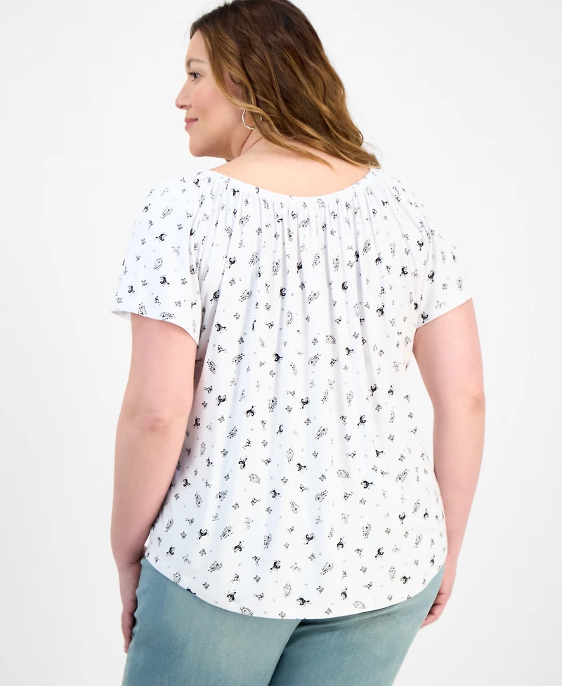 Style & Co Plus Printed Scoop-Neck Shirred Top, Exclusively at Macy's