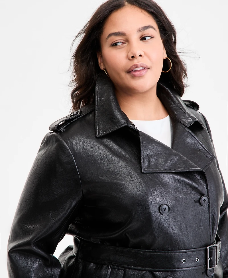 Bcbgmaxazria Plus Double-Breasted Faux-Leather Belted Trench Coat