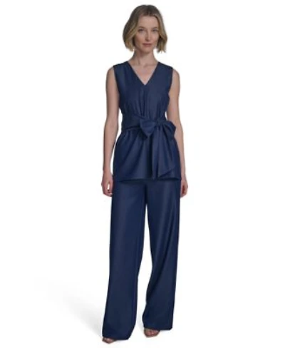 Halston Womens Denim Like Tie Waist Sleeveless Top Mid Rise Wide Leg Pants