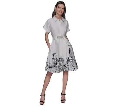 Karl Lagerfeld Paris Women's Tie-waist Border Shirt Dress
