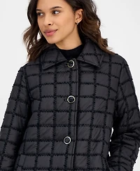 CeCe Women's Long Boucle Windowpane Quilted Coat