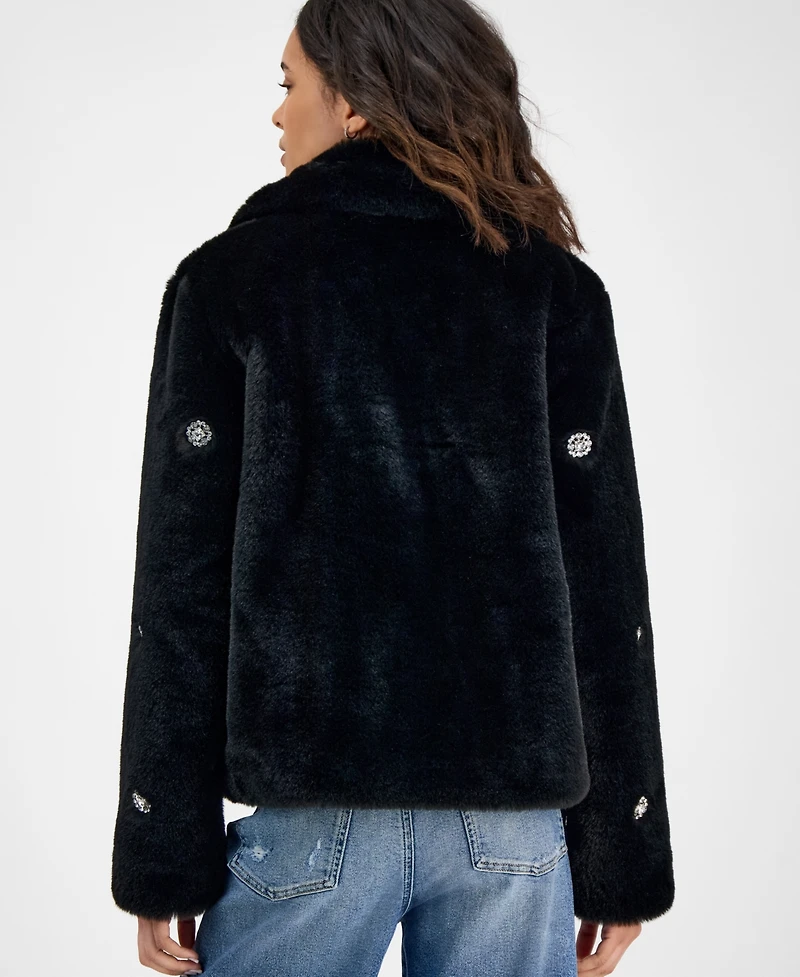 CeCe Women's Short Embellished Faux-Fur Coat
