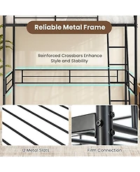 Twin Size Loft Bed Metal Bed Frame with Ladder and Guardrails