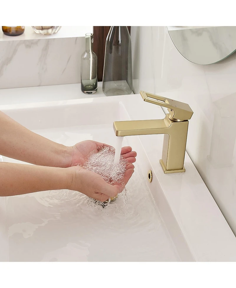 Single Hole Single-Handle Low-Arc Bathroom Faucet Water-Saving Vanity With Drain Kit Brushed Gold
