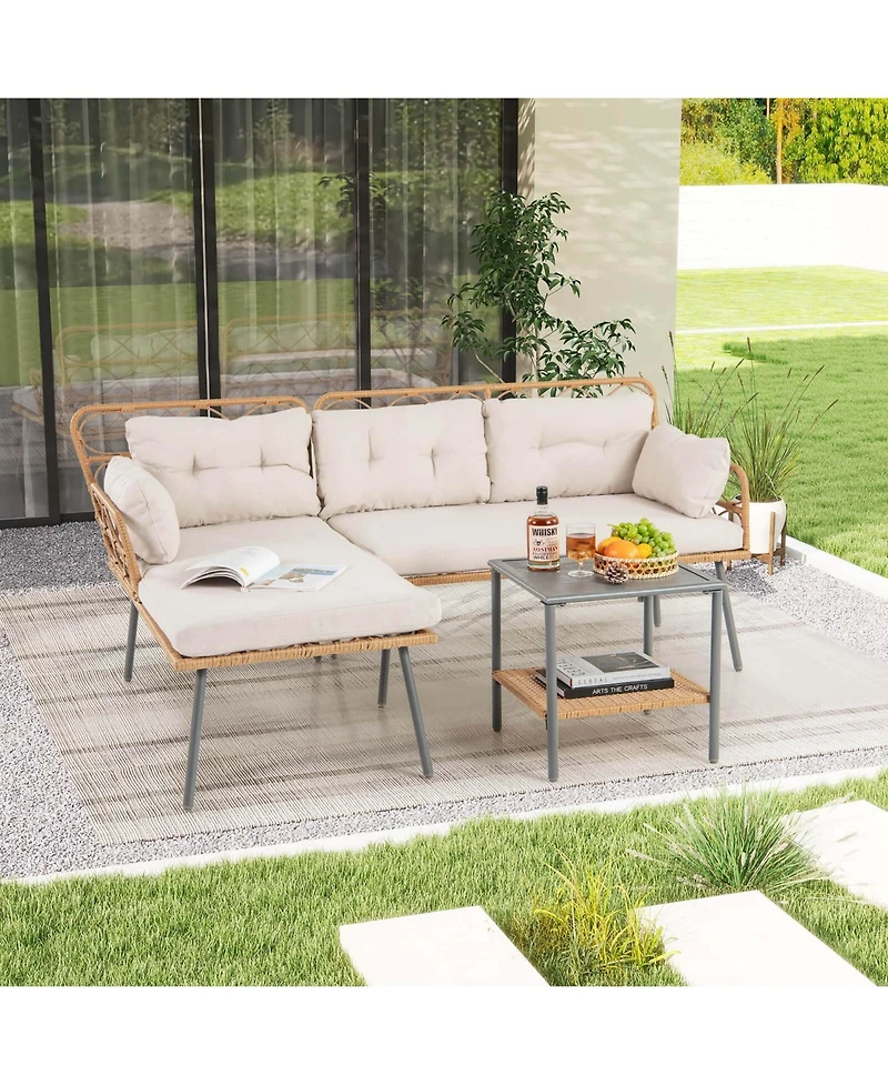 3 Pcs Corner Patio Furniture Cushioned Sofa Set with Small Coffee Table Outdoor