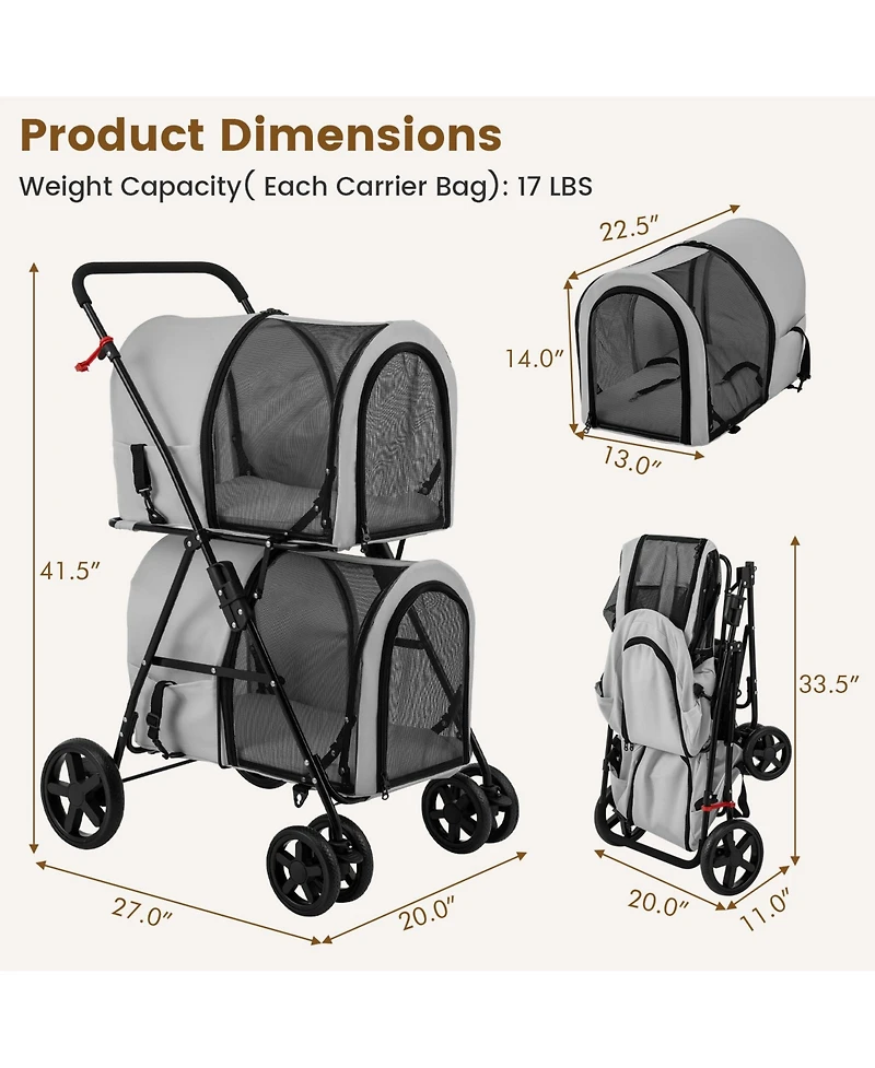 4-in-1 Double Pet Stroller with Detachable Carrier and Travel Carriage – Multi-functional Solution
