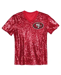 Outerstuff Big Girls Scarlet San Francisco 49ers Wordmark Sequin V-Neck T-Shirt