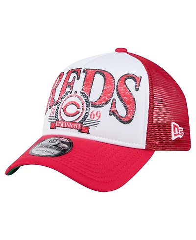 New Era Men's White/Red Cincinnati Reds Distressed 9FORTY A-Frame Adjustable Trucker Hat