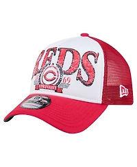 New Era Men's White/Red Cincinnati Reds Distressed 9FORTY A-Frame Adjustable Trucker Hat