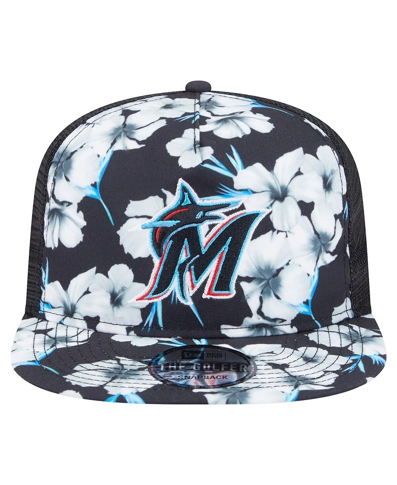 New Era Men's Black Miami Marlins Adventure Pattern Golfer Trucker Snapback Hat