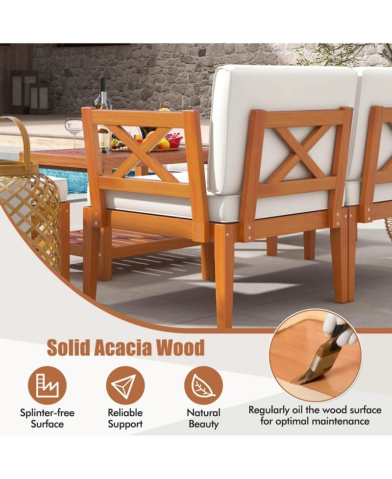 5 Pcs Acacia Wood Patio Furniture Set with Cushions and 2-Tier Coffee Table