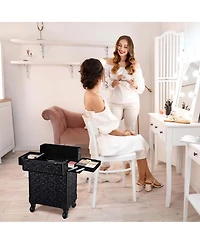 Byootique Rolling Makeup Train Case 3-Piece Cosmetic Organizer Kit Trolley Travel Lockable Salon Barber Traveling Cart Trunk with