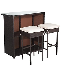 3PCS Patio Rattan Wicker Bar Table Stools Dining Set Cushioned