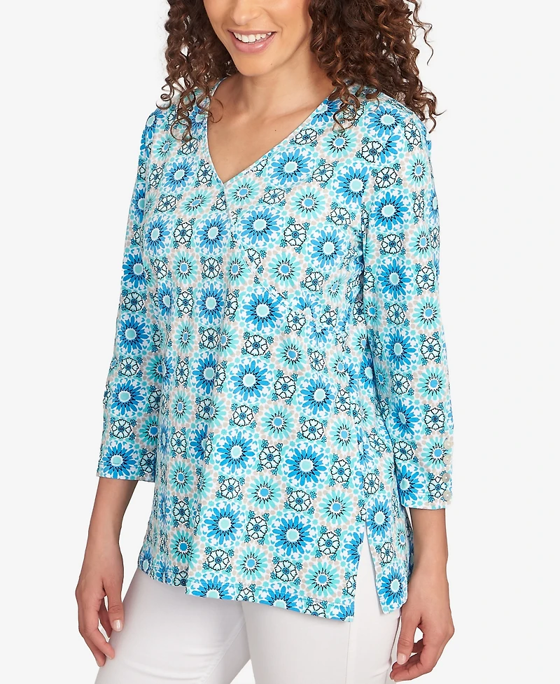 Ruby Rd. Petite Medallion Tile Floral Faux Surplice Top