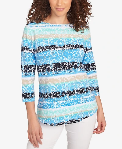 Ruby Rd. Petite Watercolor Floral Stripe Top
