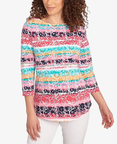 Ruby Rd. Petite Watercolor Floral Stripe Top