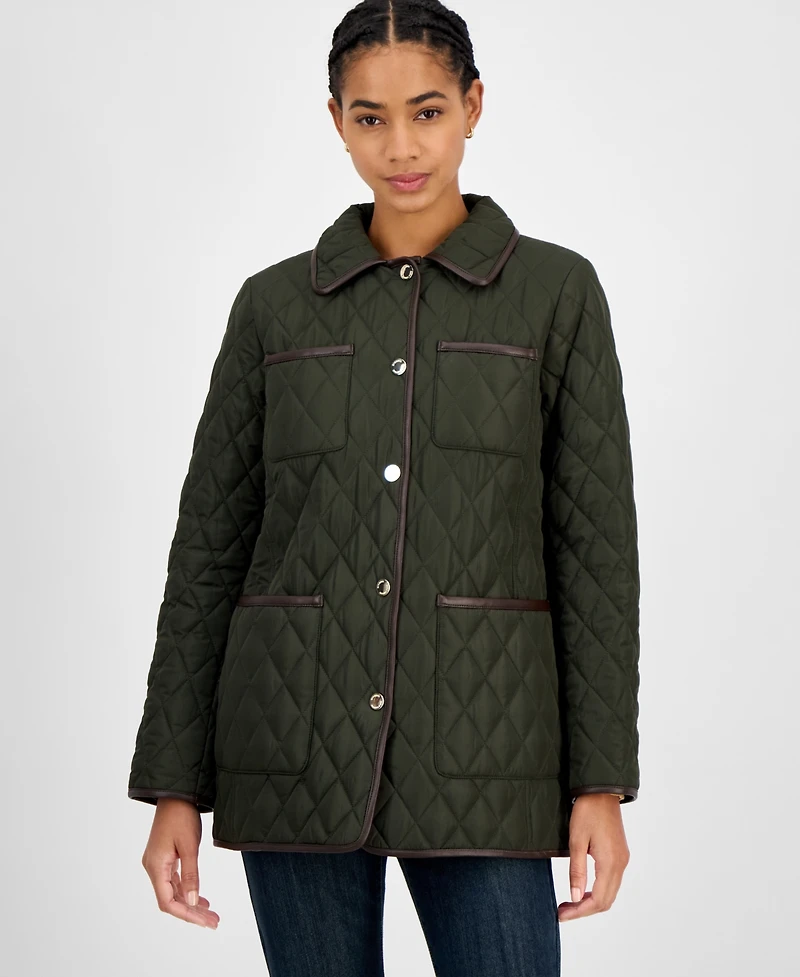 Michael Kors Women's Faux-Leather-Trim Quilted Coat, Exclusively at Macy's