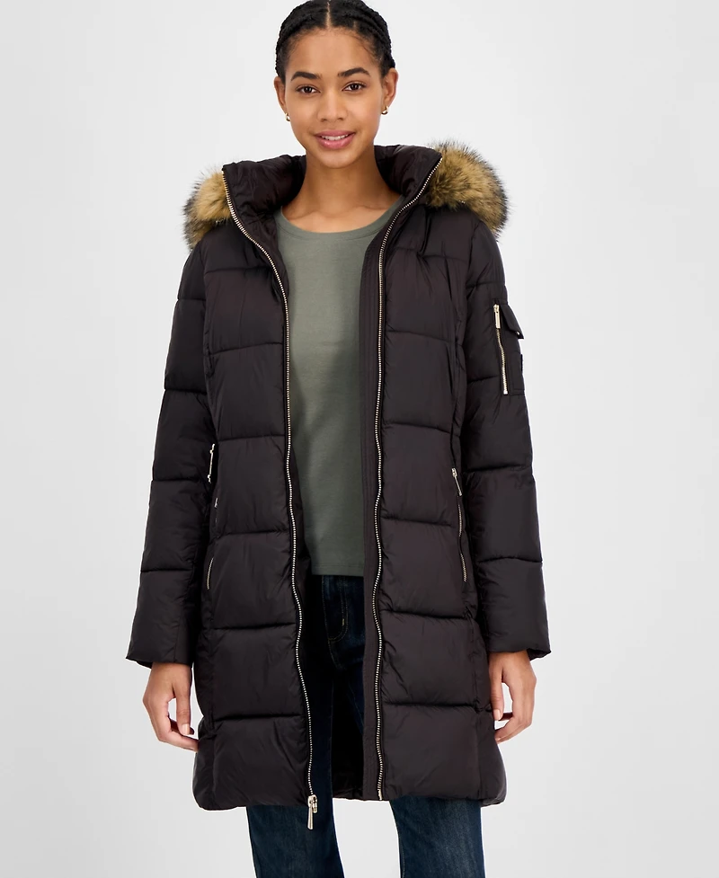 Michael Kors Women's Belted Hooded Faux-Fur-Trim Puffer Coat, Exclusively at Macy's