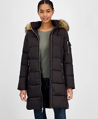 Michael Kors Women's Belted Hooded Faux-Fur-Trim Puffer Coat, Exclusively at Macy's